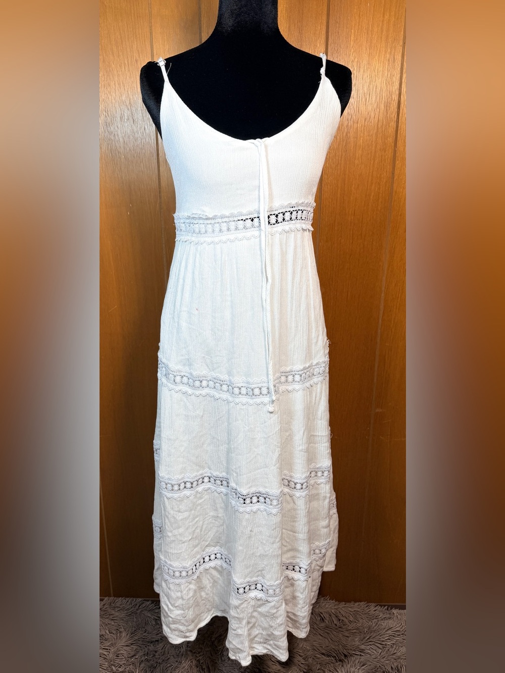 New Look White Bohemian Maxi Dress Lace Panels Tie Front size S.